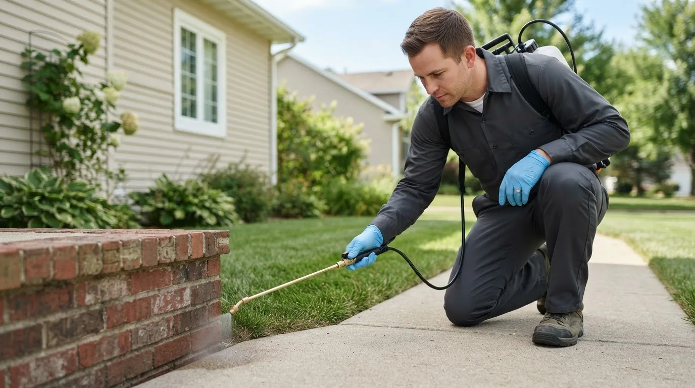 Pest control technician treating a home near White Oak, NC
